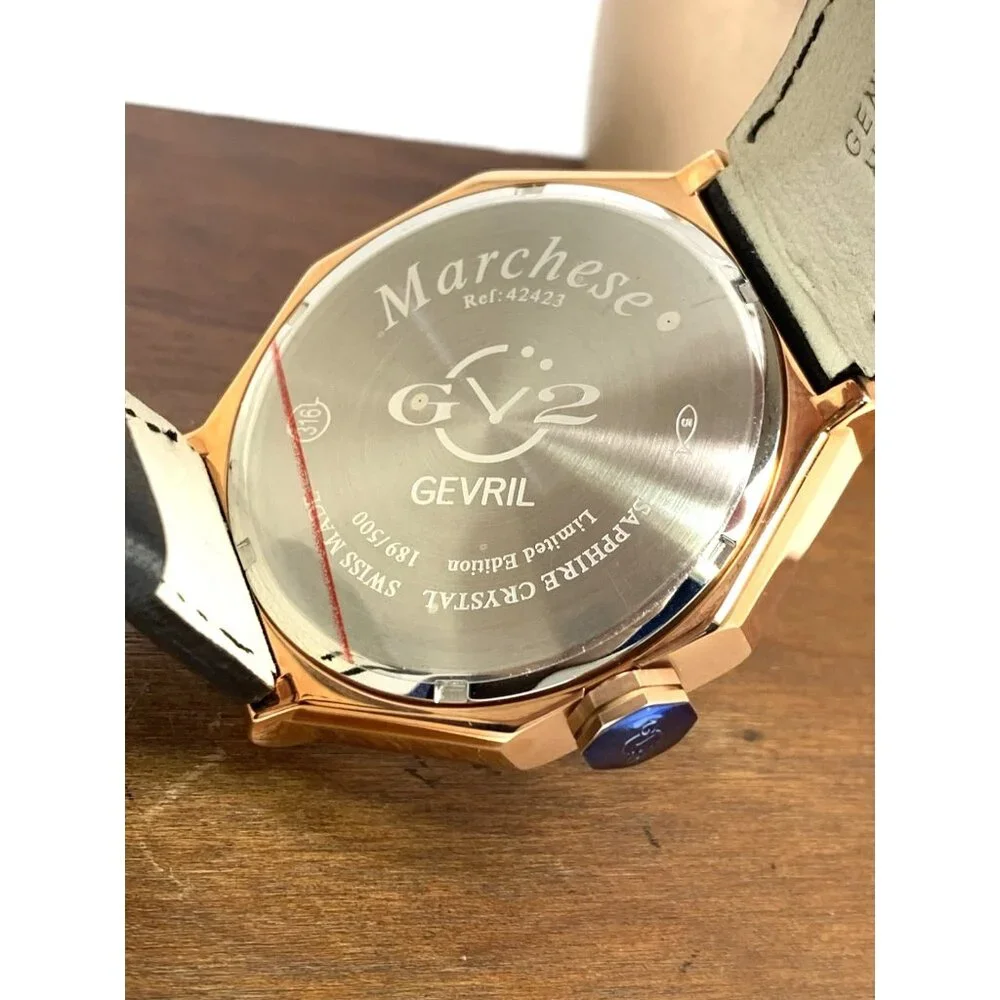 Gevril GV2 Men's Watch 42423 Swiss Quartz Gray Dial Black Leather Strap 44mm